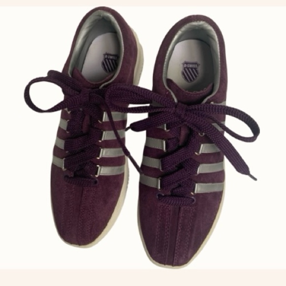 K-Swiss Sneakers Tennis Runners Suede Leather 5 Stripe Silver & Purple Size 7